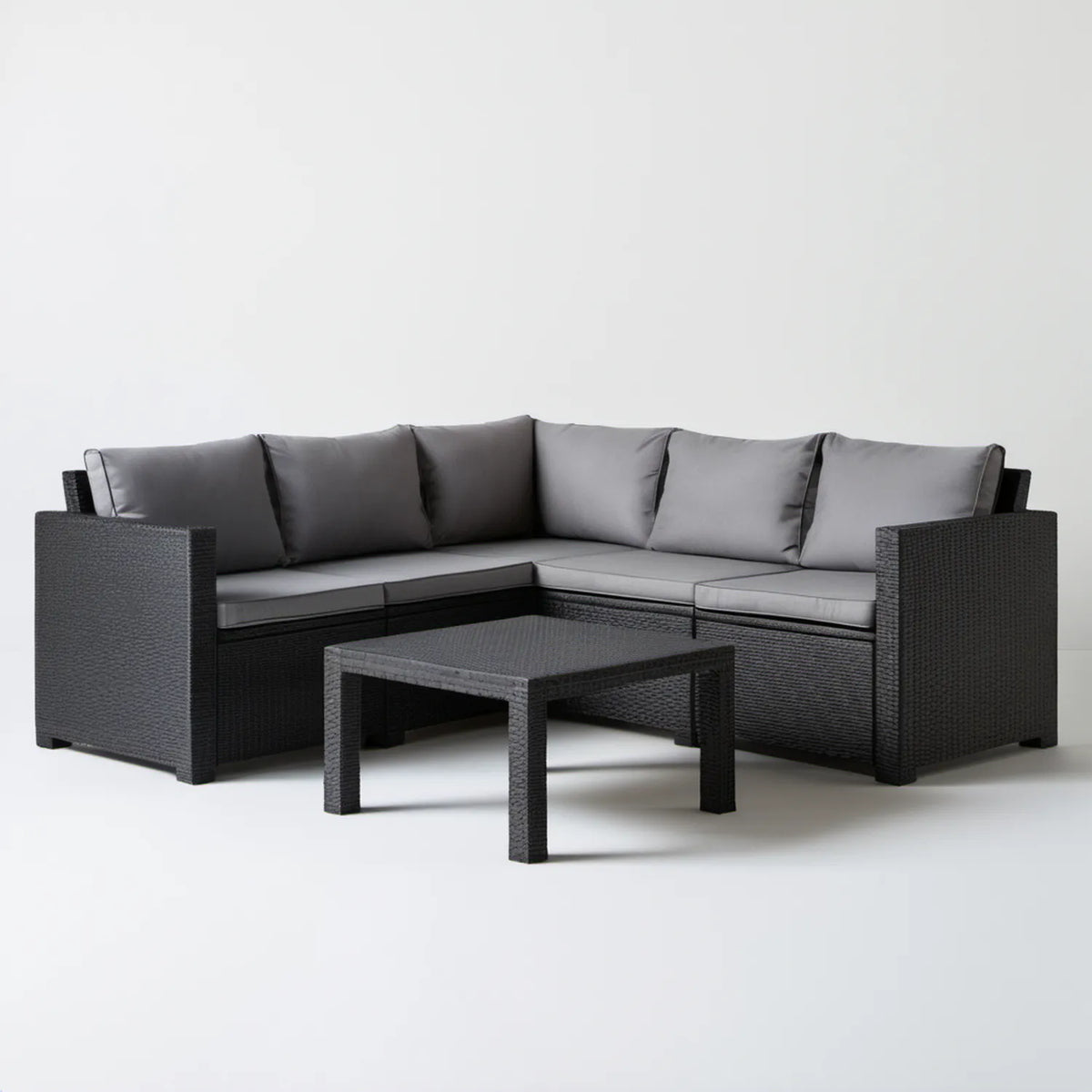 Narożny zestaw ogrodowy z technorattanu czarny z szarymi poduszkami, 220 × 220 × 70 cm