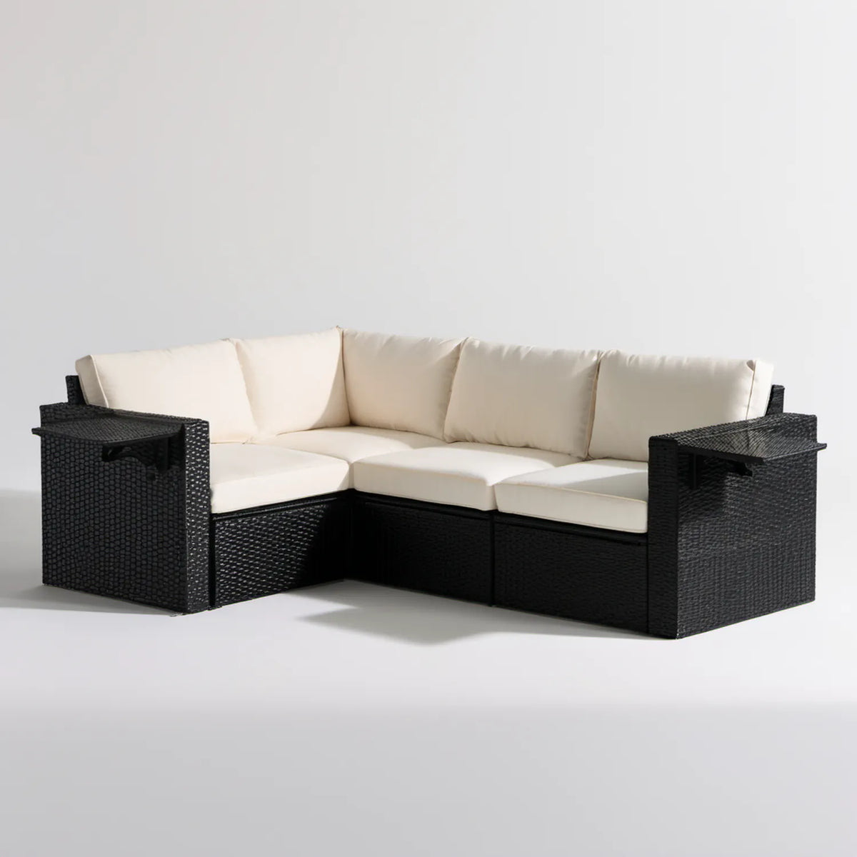 Narożna sofa ogrodowa 4-osobowa w kształcie L z technorattanu PE, czarno-kremowa, 210 x 210 x 85 cm