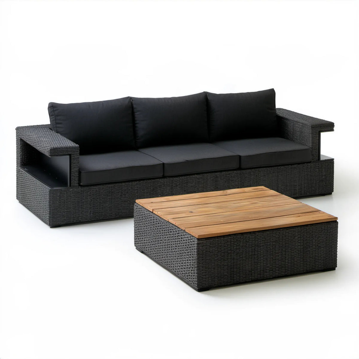 Czarny zestaw wypoczynkowy z technorattanu PE, sofa 3-osobowa 218 x 83 x 73 cm i stolik 120 x 60 x 35 cm
