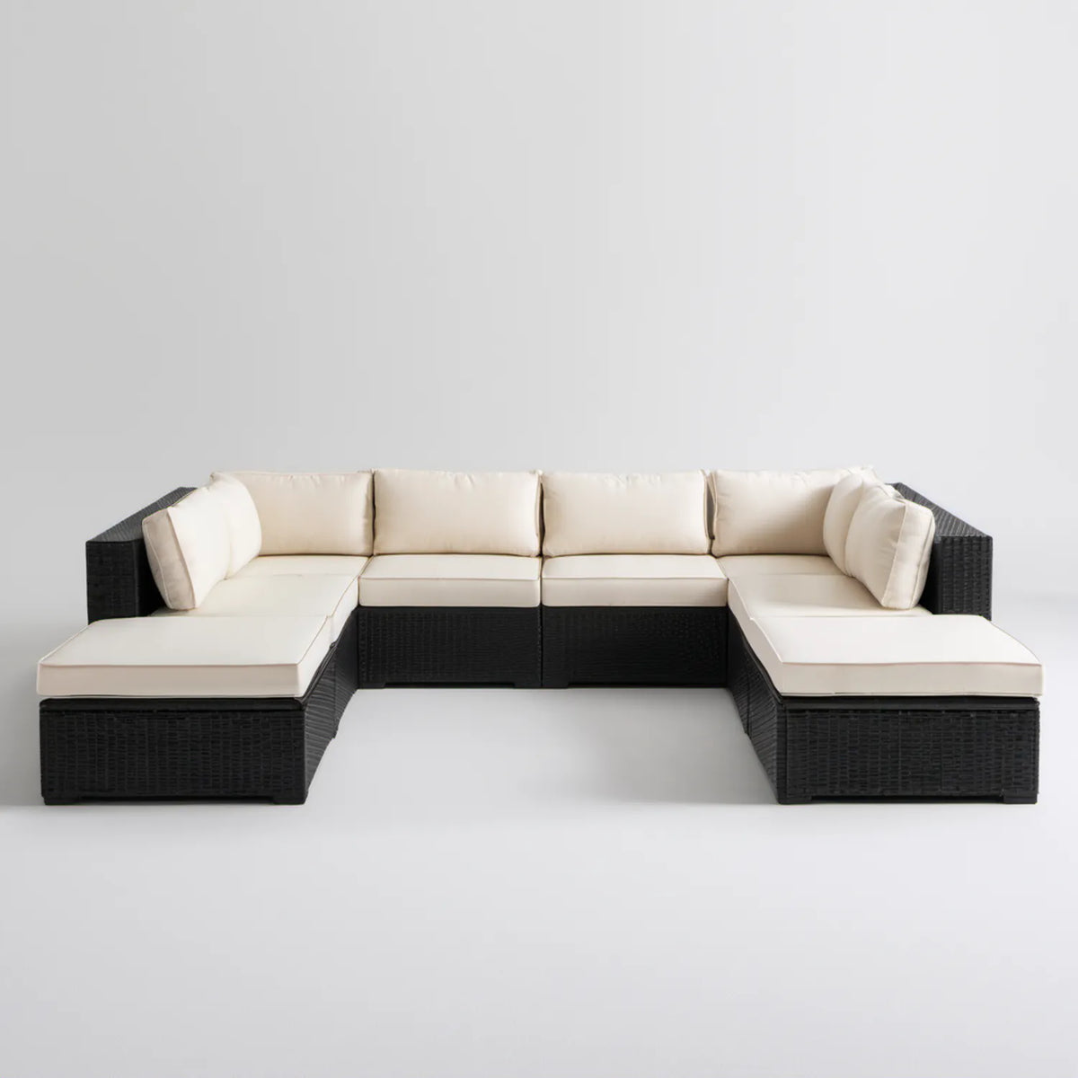 Modułowy zestaw wypoczynkowy w kształcie U z technorattanu PE, czarno-kremowy, 280 × 210 × 65 cm