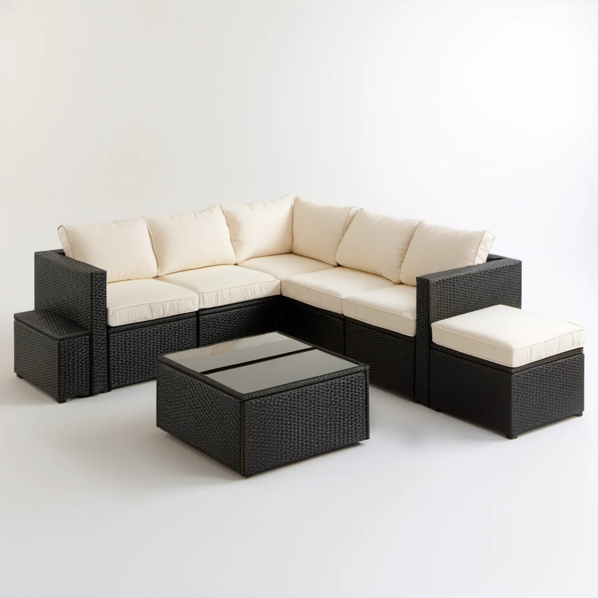 Ogrodowy zestaw narożny z technorattanu PE 210 × 210 × 65 cm Czarny/Kremowy